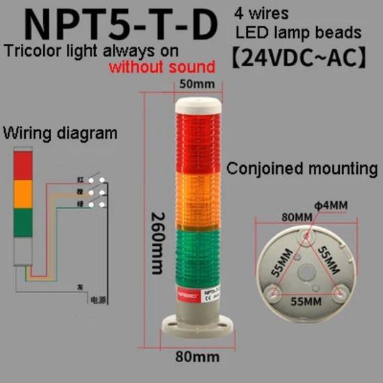 1Pcs NPT5-T-D Without Sound 3 Layer Tricolor Lamp Machine Tool LED Warning Light Semaphore Indicator Lamp Red Yellow Green