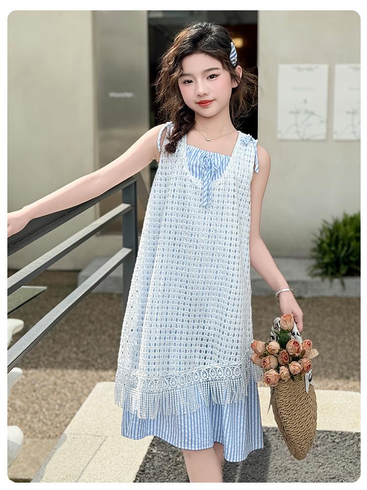 Women's clothing 2026 summer new layered hollow dress, mid size children's vacation style striped two-piece set, stylish