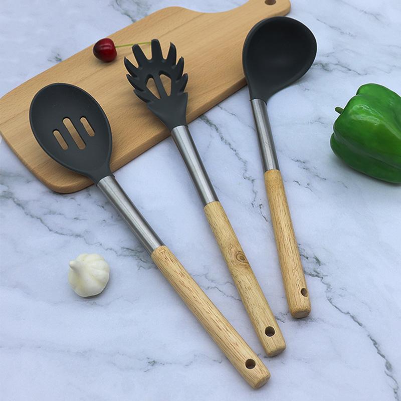 Silicone Kitchenware Non-Stick Heat-Resistant Cookware Kitchen Utensils Set Spatula Shovel Spoon Wooden Handle Cooking Tool Set