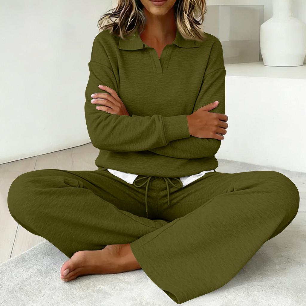 Zweiteiler für Damen - einfarbig - Baumwolle und Leinen - Langarm - V-Ausschnitt - Oberteil - Gerade geschnittene - Lässige - Hose - Set