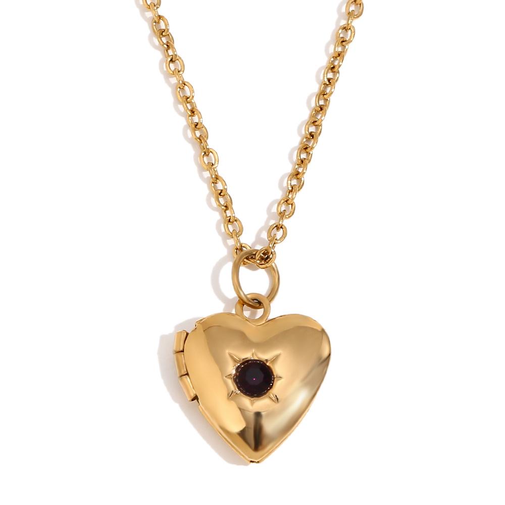 18K Gold-Plated Stainless Steel Heart Locket Necklace with December Birthstone in European and American Simple Niche Design Style