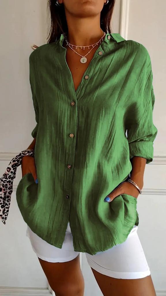 VEZFAA Women's Fashion Casual Spring Autumn Solid Color Print Long Sleeve POLO Neck Blouses & Shirts