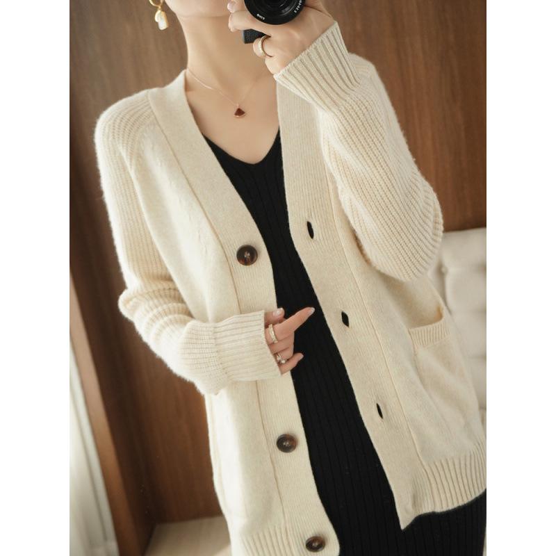 Women's V-Neck Mid-Length Imitation Cashmere Cardigan with Pockets
