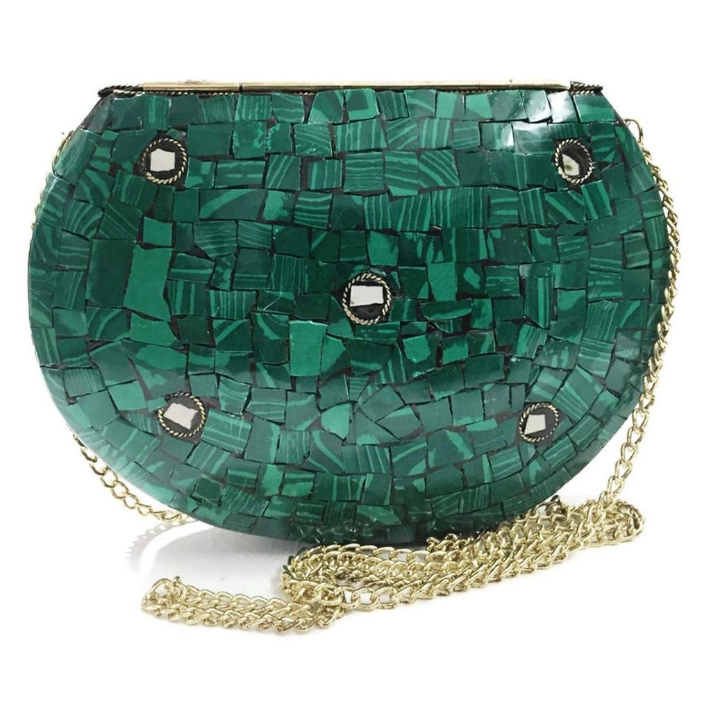 Turquoise Stone Mosaic Metal Bag Antique Ethnic Bridal Clutch Indian Purse Party Clutch Women Bag