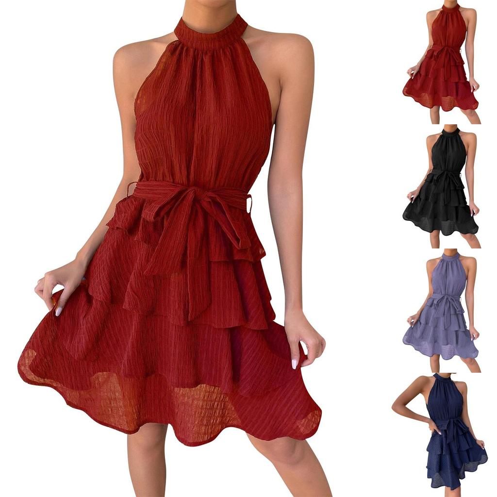 Damen Casual Fashion Sexy Einfarbig Gürtel Bequem Und Cool Rundhals Kleid