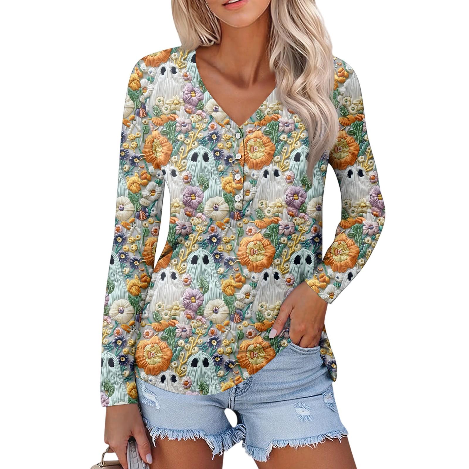 

Женская повседневная мода, сексуальный комфорт, Хэллоуин с принтом и v-образным вырезом, пуговицы, длинный рукав M