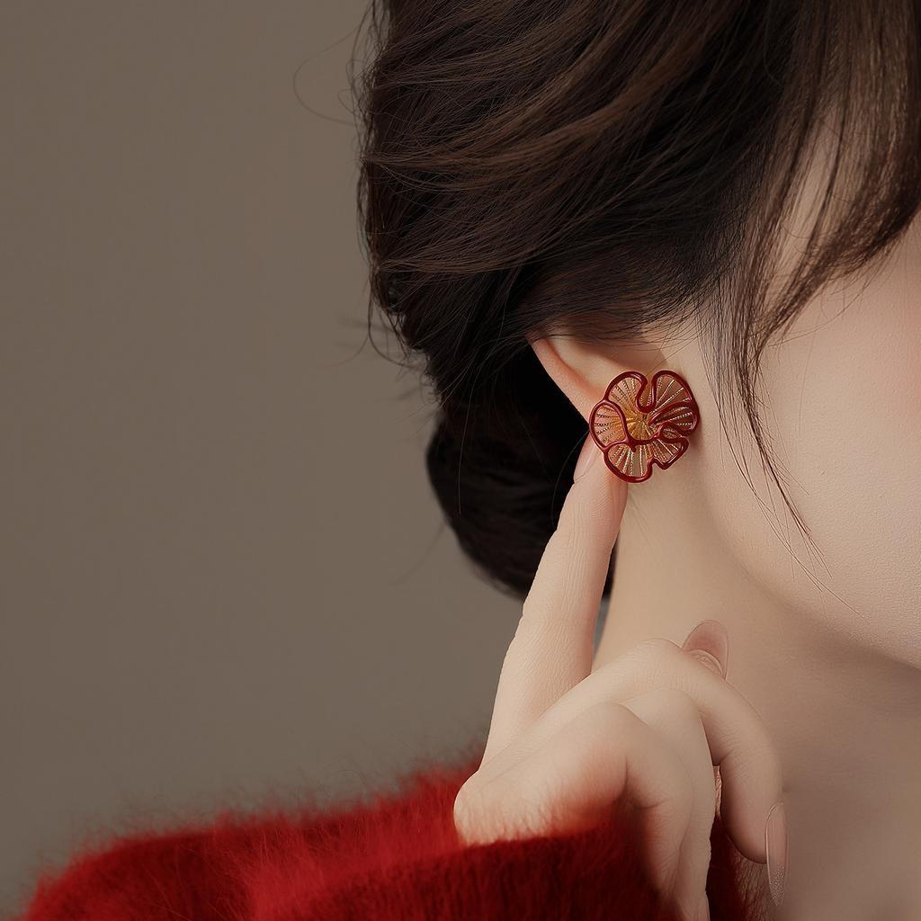 18k real gold electroplated red dripping flower stud earrings cold wind earrings earrings