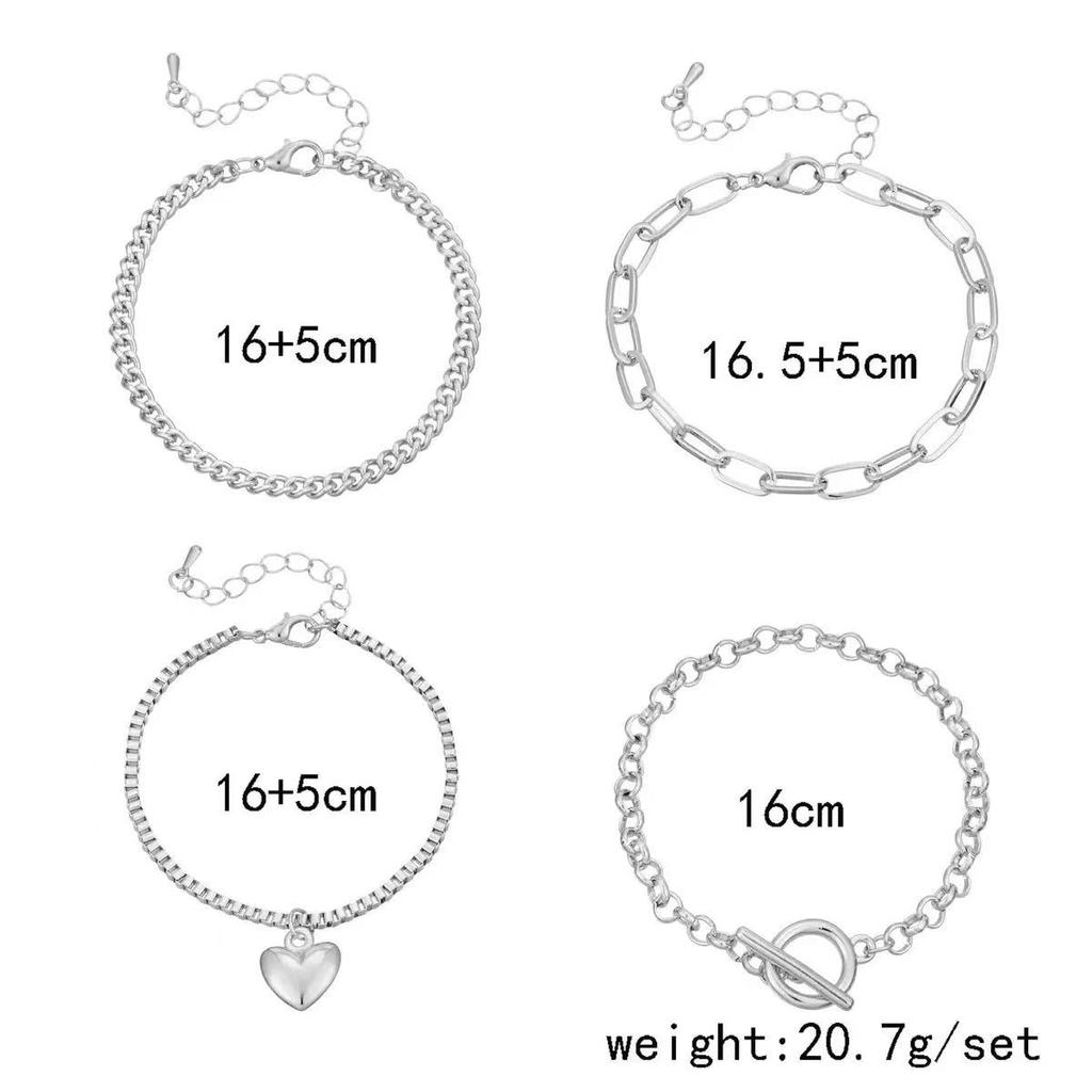 4 pcs Stackable Silvery Bracelet Set, Multi - chainCombination with Heart Pendant & Toggle Clasp, Gift forFriends, Anniversary .