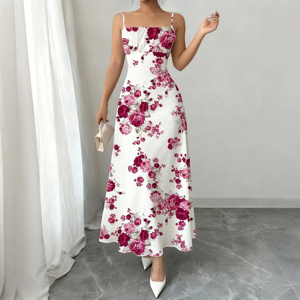 Women’s Sleeveless Spaghetti Strap Long Dress with Floral Print Lightweight Fabric and Square Neckline for Summer