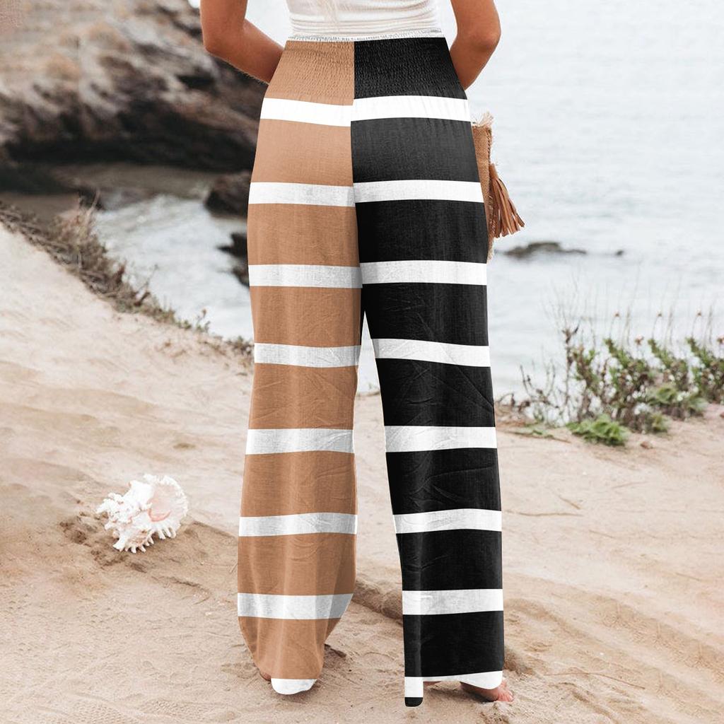 Women's Summer Elastic Waist Striped Printed Cotton And Linen Loose Trousers