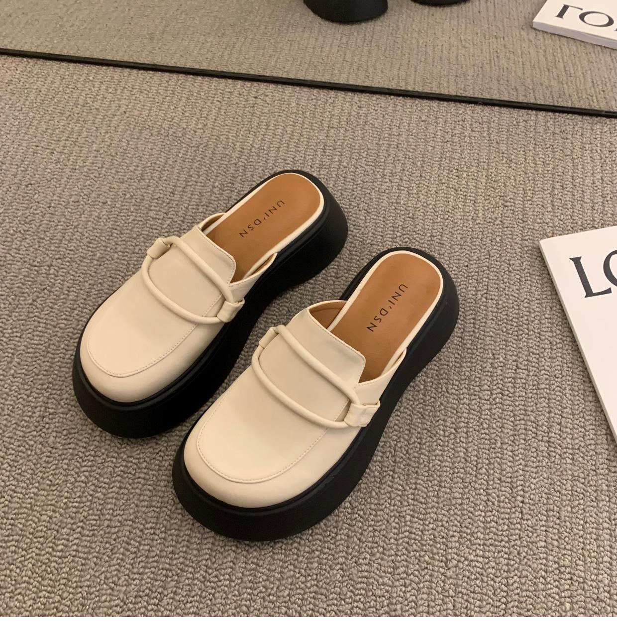 

Модные женские тапочки, мюли в британском стиле, высокие сандалии из искусственной кожи, женские полутапочки с толстой подошвой, летние женские мокасины 35 бежевый