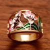 Huitan Romantic Pink Flower Hollow Out Band Women's Finger Ring Gold Color Creative Enamel Rings for Party Zircon Drop Shipping