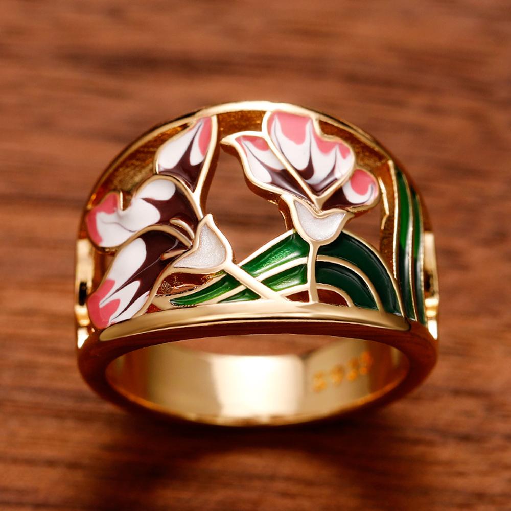 Huitan Romantic Pink Flower Hollow Out Band Women's Finger Ring Gold Color Creative Enamel Rings for Party Zircon Drop Shipping