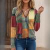 Autumn and Winter Women's Fashion Casual Loose Printed V-Neck Zip Long Sleeve Cashmere T-Shirt