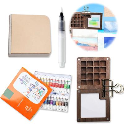 Travel Paint Palette Mini Watercolor Palette Set with Clip Portable Watercolor Set Wooden Grid Paint Box Gift for Kids