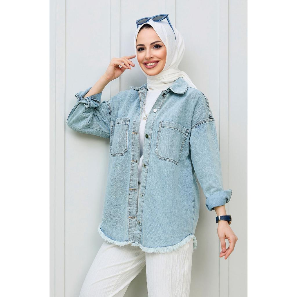 Straight Shirt Collar Women's Blue Denim Shirt - 11394