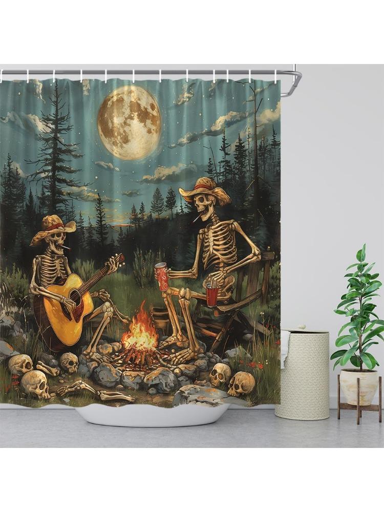 

Funny Cowboy Skull Shower Curtain Halloween Skeleton Jungle Bonfire Full Moon Night Gothic Skull Play The Guitar Scary Festival W60H190(CM)-1 Pcs
