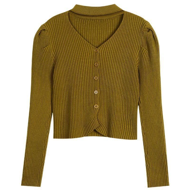 Spring and Autumn Slim-fitting Short Long-sleeved Bottomed Knitted Sweater Top Design Sense Neck Hollow V-neck Sweater Women's Inner Cover