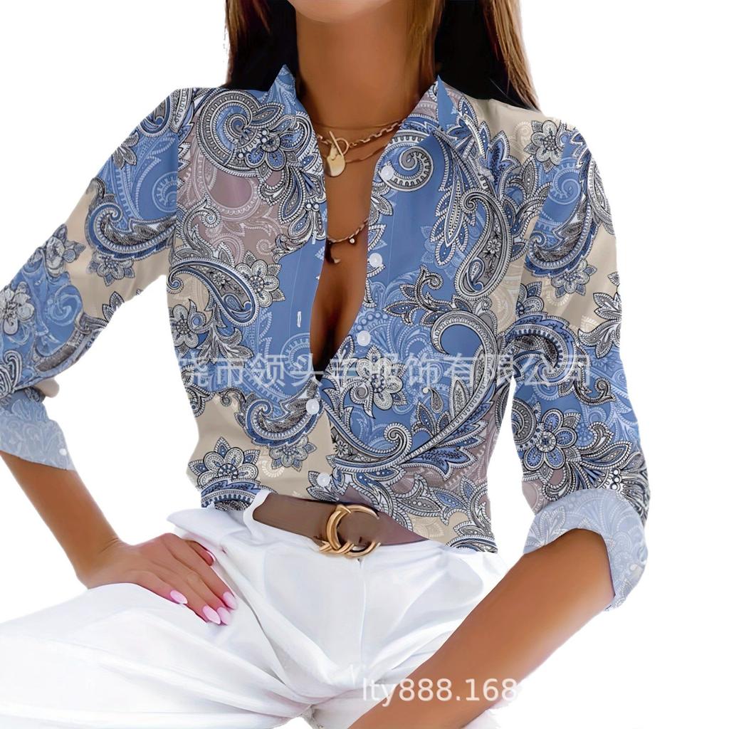 Peacock Feather Print Contrasting Satin Shirt, European and American Elegant Long-sleeved Top