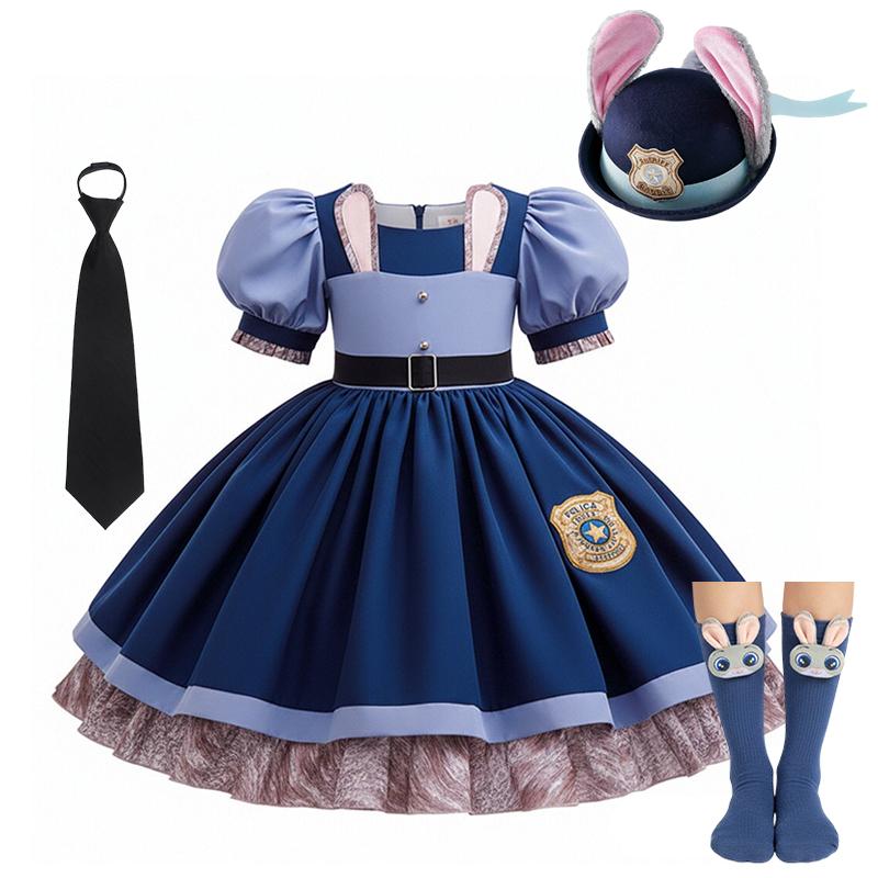 Girl Cosplay Judy Hopps Police Officer Dress Zootopia Bunny Costume Kids Dress Up Halloween Rabbit Dress Outfits