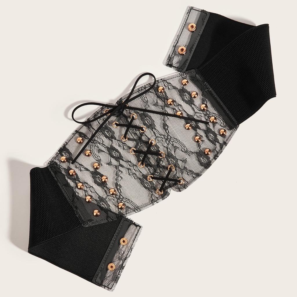 Wide Belt Lace Rivets Tied Knot Waist Elastic Elastic Belt Women With Coat Long Skirt Waist Seal