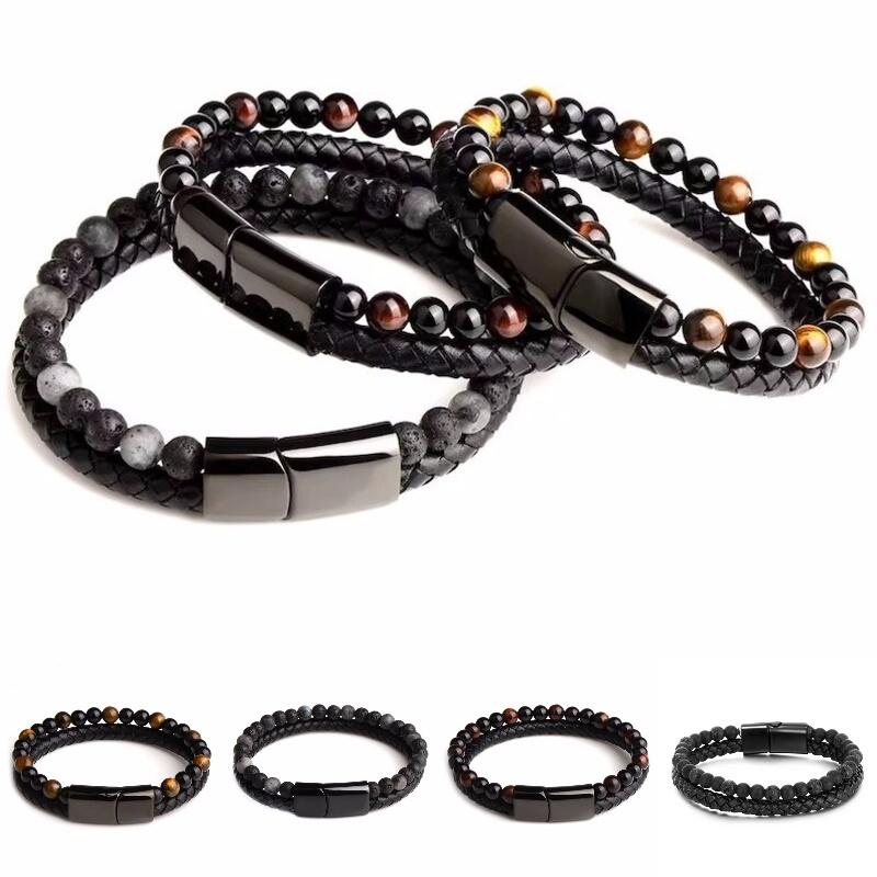 Men Double 21cm Layered Volcanic Stone Beaded Bracelet Alloy Clasp Leather Faux