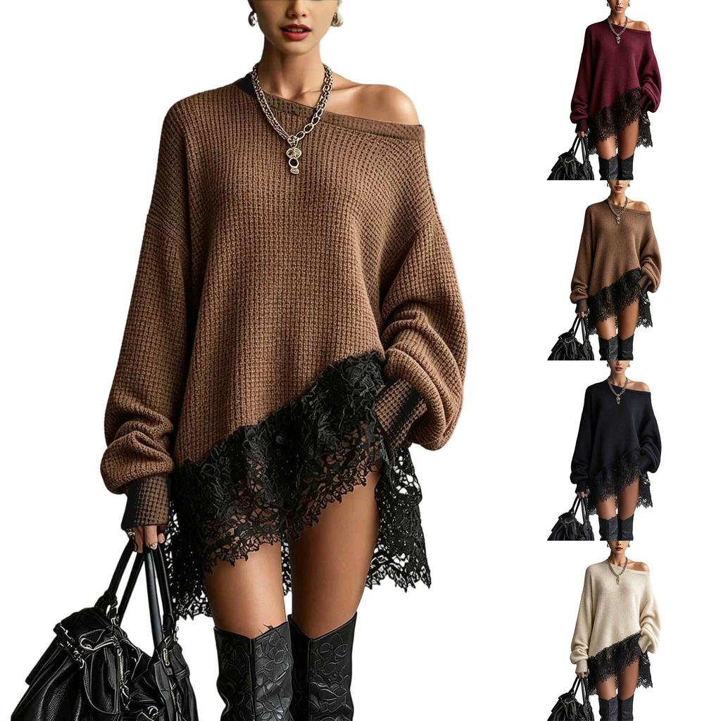 Abito da donna con manica in pizzo e scollo asimmetrico per feste casual