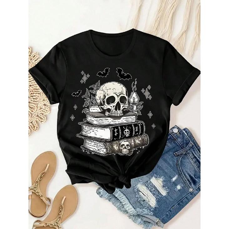 Soft Gothic T-Shirt Soft Breathable Women'S Gothic Skull & Book Graphic T-Shirt Black Casual Crew Neck Short Sleeve Tee with Bat & Pentagram