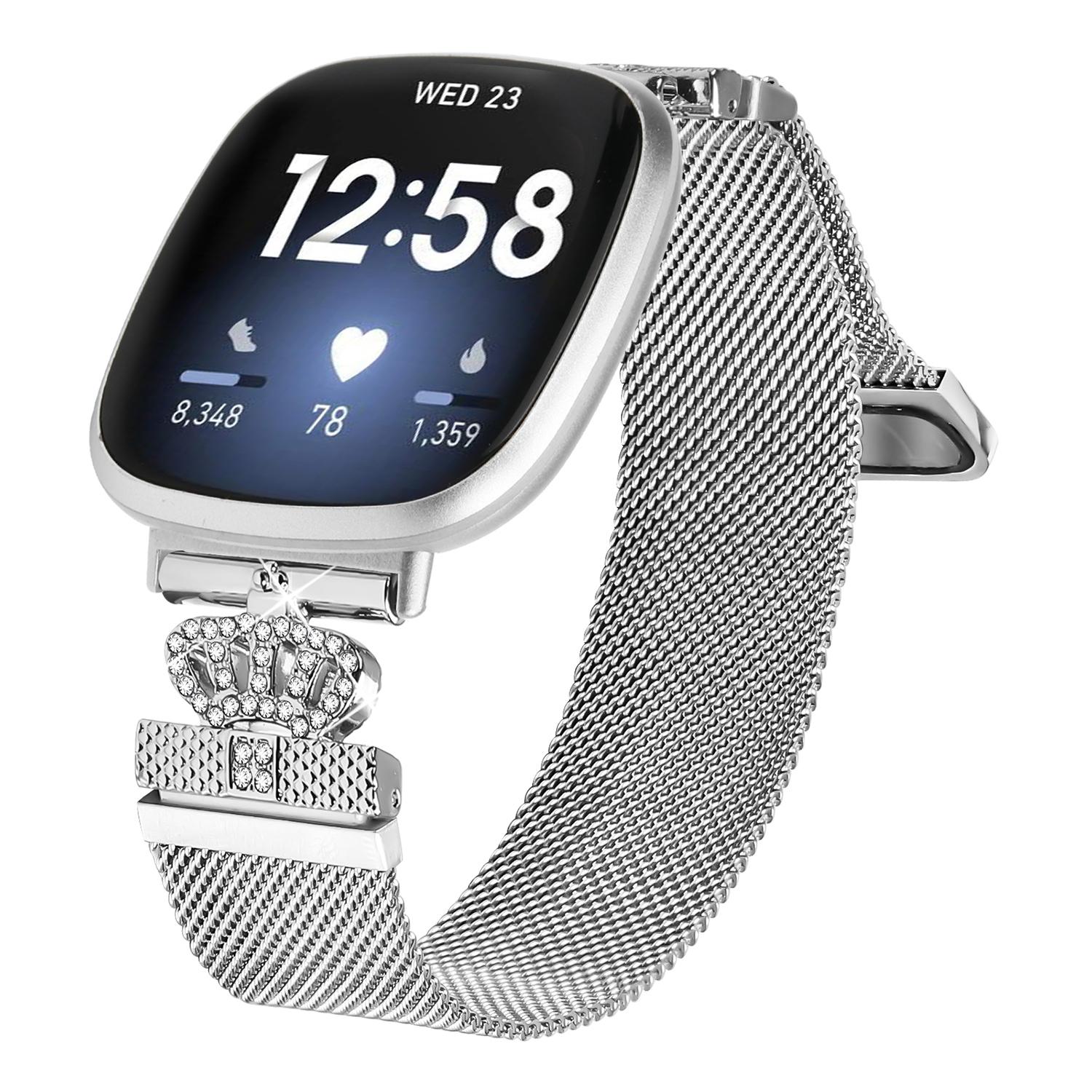 

For Fitbit Versa 3/Fitbit Sense Watch Band Silver Stainless Steel Crown Clasp Milanese Wrist Strap A