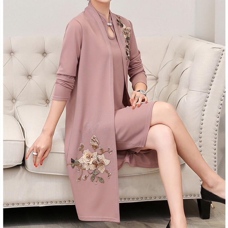 Embroidered Women's Dress Set Spring Autumn Collection Fashionable Mom Dress Jacket