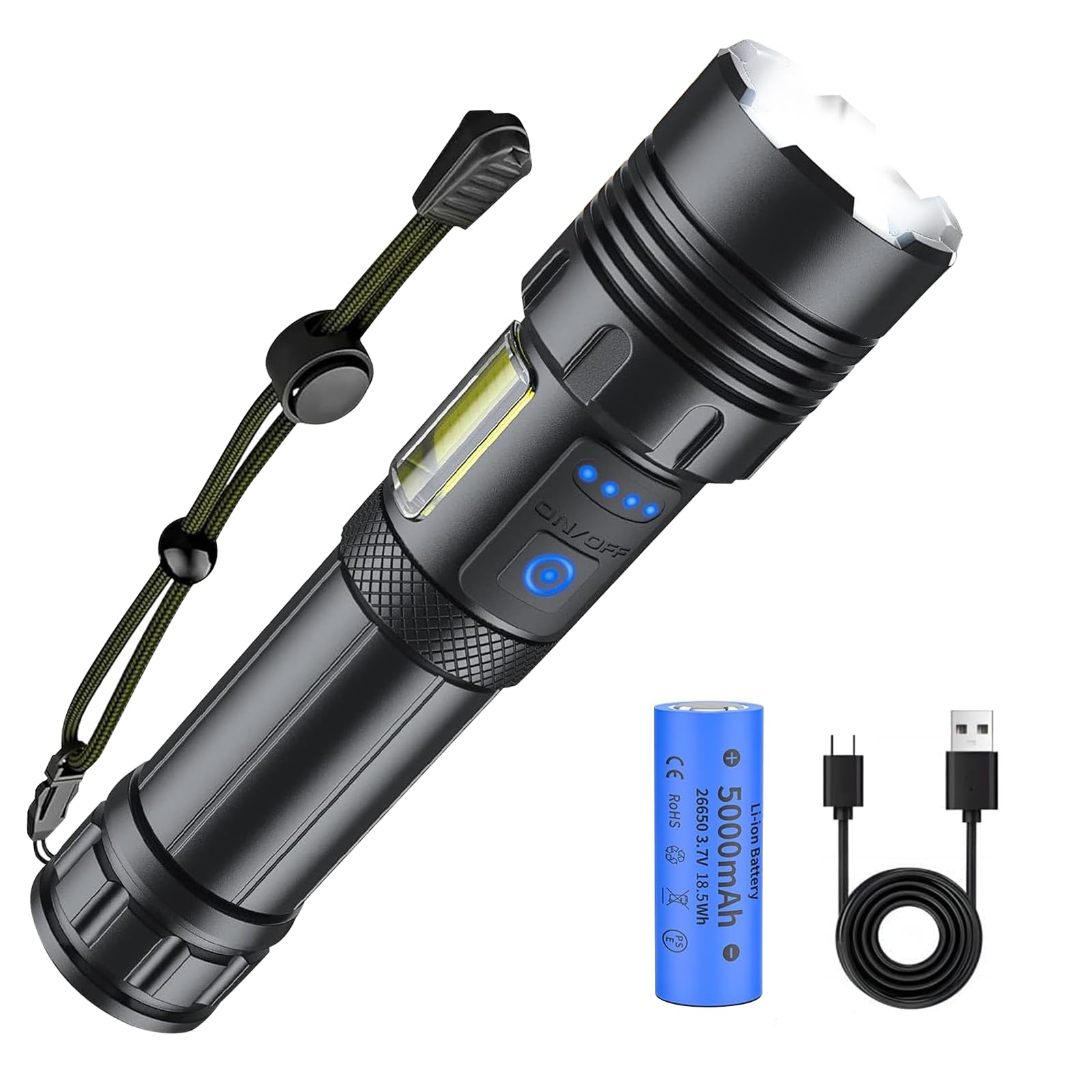 

Watakuryohin XHP160 LED 5000mAh High Handheld 7 Lighting Zoom COB Side Aluminum Alloy Battery Level Military Power Disaster Night Outdoor PSE чёрный