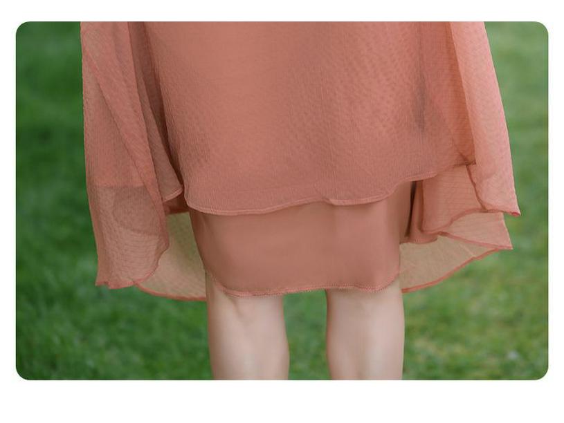Chinese Inspired Two-Piece Short Sleeve Dress for Middle-Aged & Elderly Women - Summer Solid Color Trendy Mid-Length Skirt