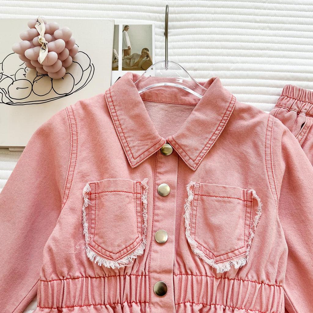 Girls' Cropped Ruffle Hem Denim Jacket & Wide-Leg Trousers Set - Trendy Autumn Outfit