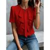 Dámská bílá halenka s volánkovým lemem, krátkým rukávem, kulatým výstřihem, elegantní, do práce, do kanceláře, ležérní top s knoflíkovým detailem