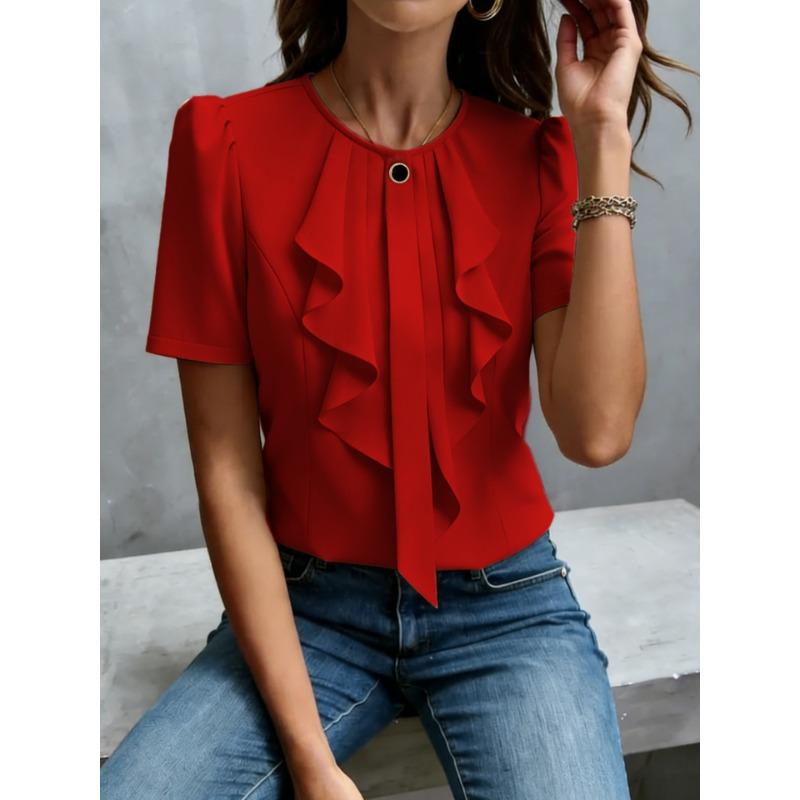 Dámská bílá halenka s volánkovým lemem, krátkým rukávem, kulatým výstřihem, elegantní, do práce, do kanceláře, ležérní top s knoflíkovým detailem