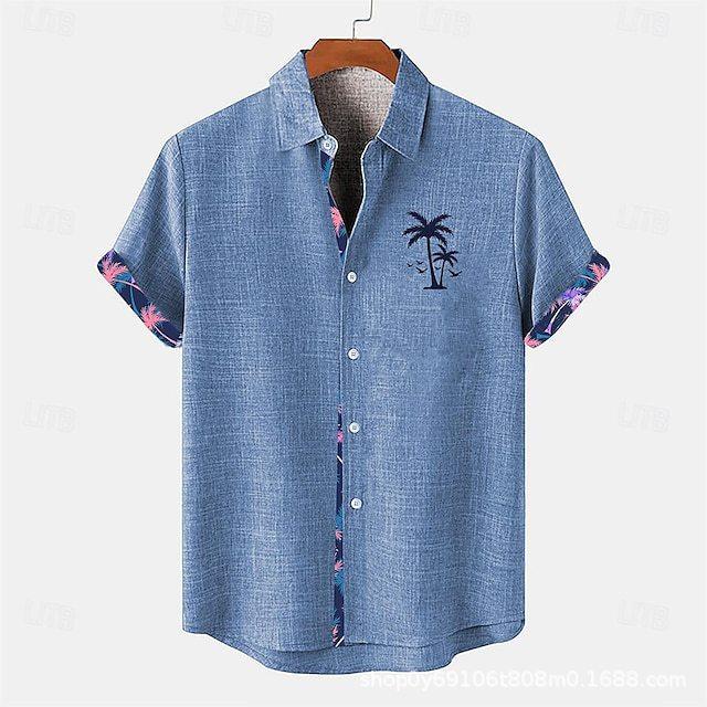 Men's Linen Shirt Hawaii Casual Vacation Men's Short Sleeved Lapel Pocket Shirt Men's Linen Top