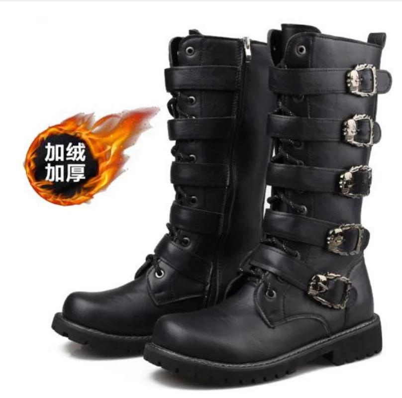 Fashion Men Black Retro Combat  Belt Buckle Punk Motorcycle Leather Zipper Boots Autumn Men Shoes SIZE 37-46