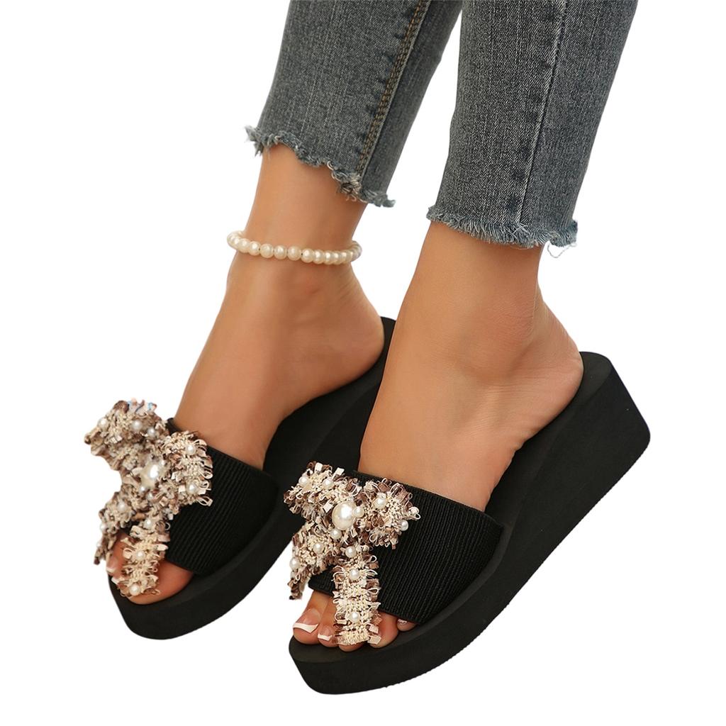Women's Fashion Plus Size Wedge Slide Sandals with Bow Knot Decoration Platform Sole Casual Summer Footwear for Outdoor and Indoor Use