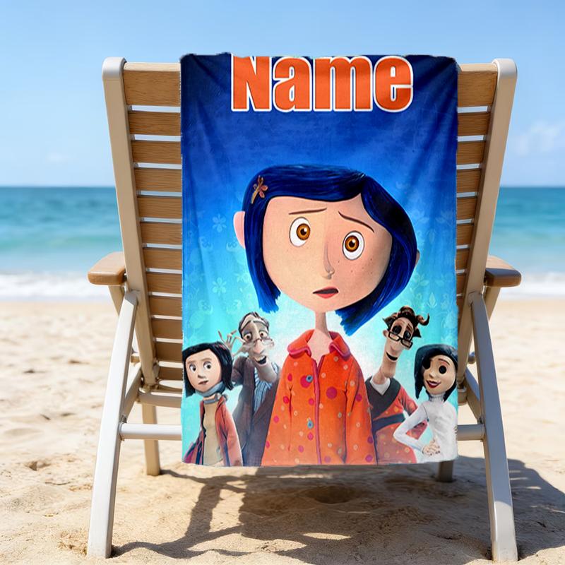 1pc Coraline5 Beach Towel with Custom Name, Beach/Swimming/Bath/Picnic/Camping Towel, Suitable for Seaside Beaches