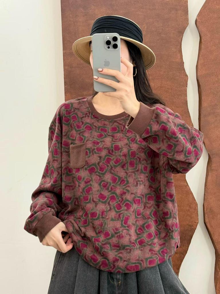 2026 Spring Artistic Printed Round Neck Loose Casual Women's Sweatshirt
