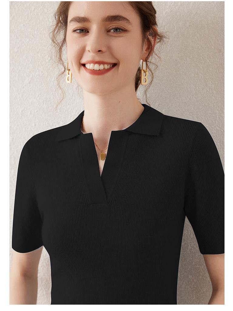 Women's Polo Collar Cashmere Sweater - Slim Fit, Short, Five-Sleeve, Gentle Style for Spring & Autumn.
