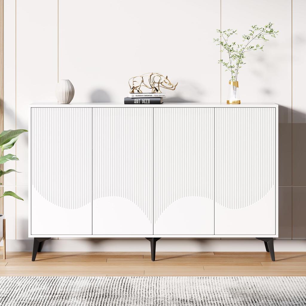 Sideboard 4-Rattan-Türen, Modern Buffetschrank, Viel Stauraum, Verstellbare Ablage, Wohnzimmer, Esszimmer, Flur, Küche, Landhausstil, Schwarz, 145cm