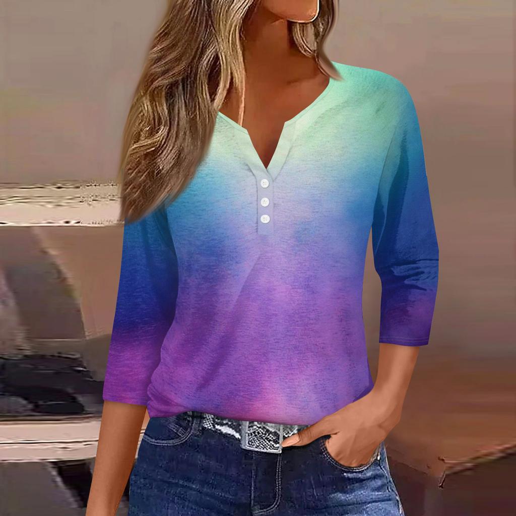T-shirt pour femme Imprimé Bouton Manches 3/4Mode Quotidienne Week-end Basique Col V Coupe Régulière