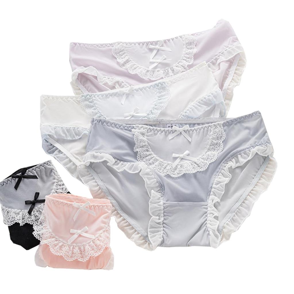 AZBESCZ Milk Silk Panties with Satin Cute Lace and Ribbon Soft and Plus Size Panties 5 Colors Women's (5-Piece Set) Panties, Design, (XL, Available)