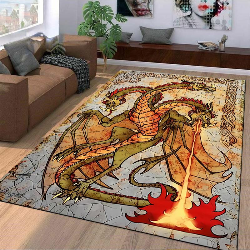 "Three-Headed Fire-Breathing Dragon Printed Medieval Style Carpet" Suitable for use as an anti-slip for living room bedroom sofas