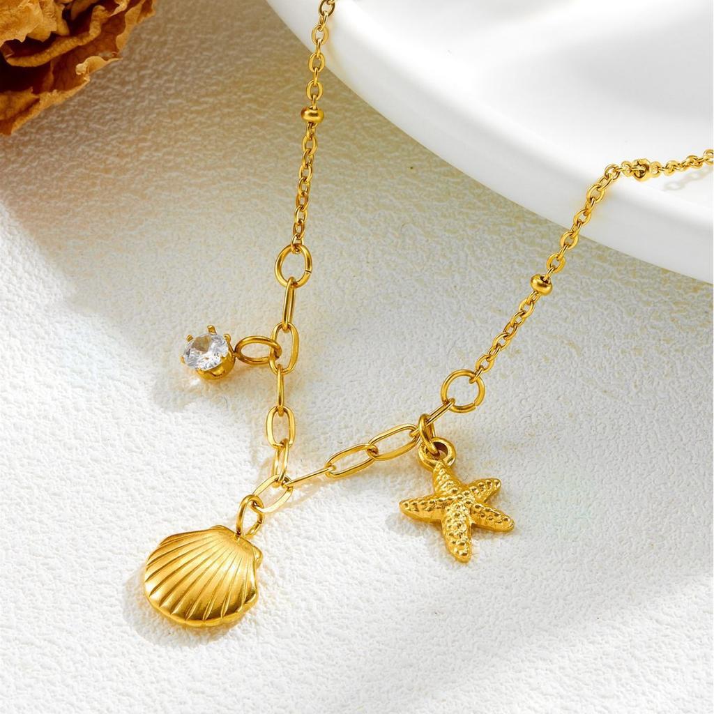 Wenjian Maldives Style Exquisite Shell, Claw Diamond, Starfish Short Chain Clavicle Necklace Titanium Steel Gold-Plated Jewelry