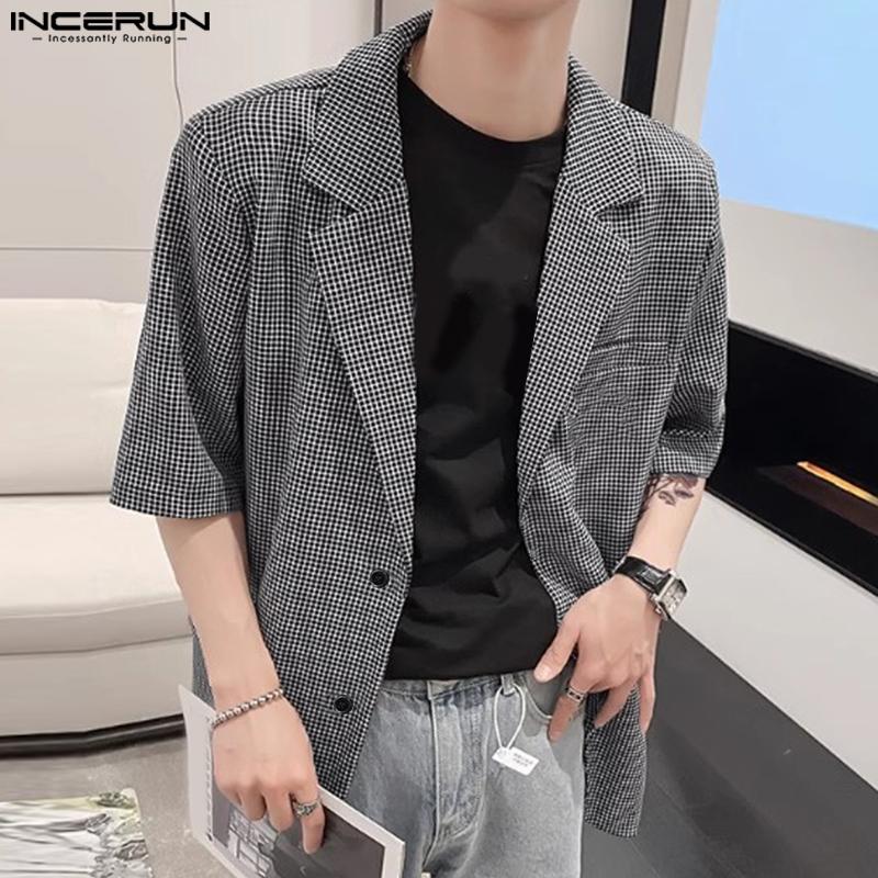 

INCERUN Men Lapel Short Sleeve Buttons Plaid Casual Thin Blazer Tops XL чорний