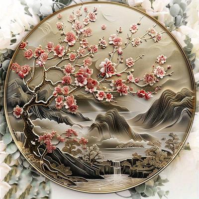 Golden Wooden with Traditional Design of Chinese and Cherry Blossom Artwork, Wooden Sign, Wall Art, Home Decor, 8x8in