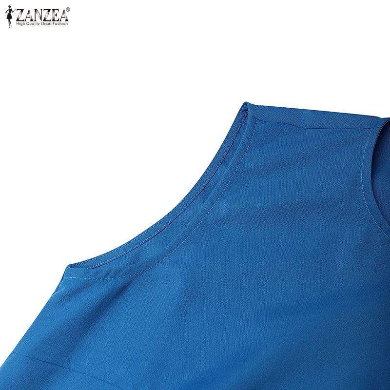 ZANZEA Women Casual Round Neck Summer Sleeveless Pleated Dress