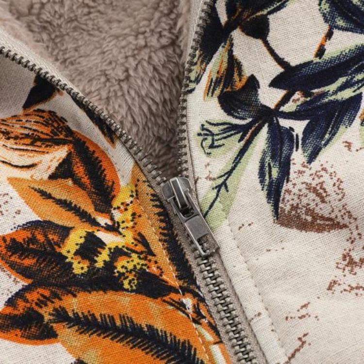 Women Fleece Lining Winter Hooded Coat Floral Leaf Print Long Sleeve